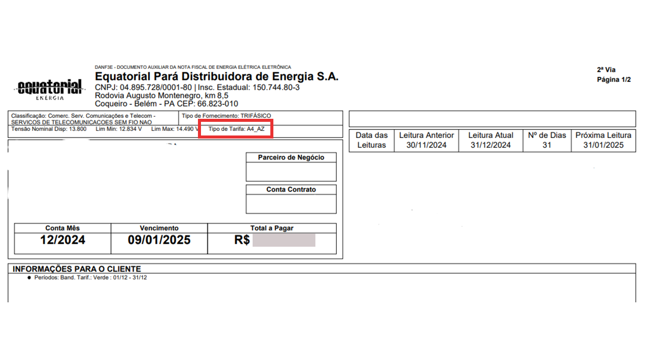 Exemplo de fatura destacando o Grupo A (Equatorial)